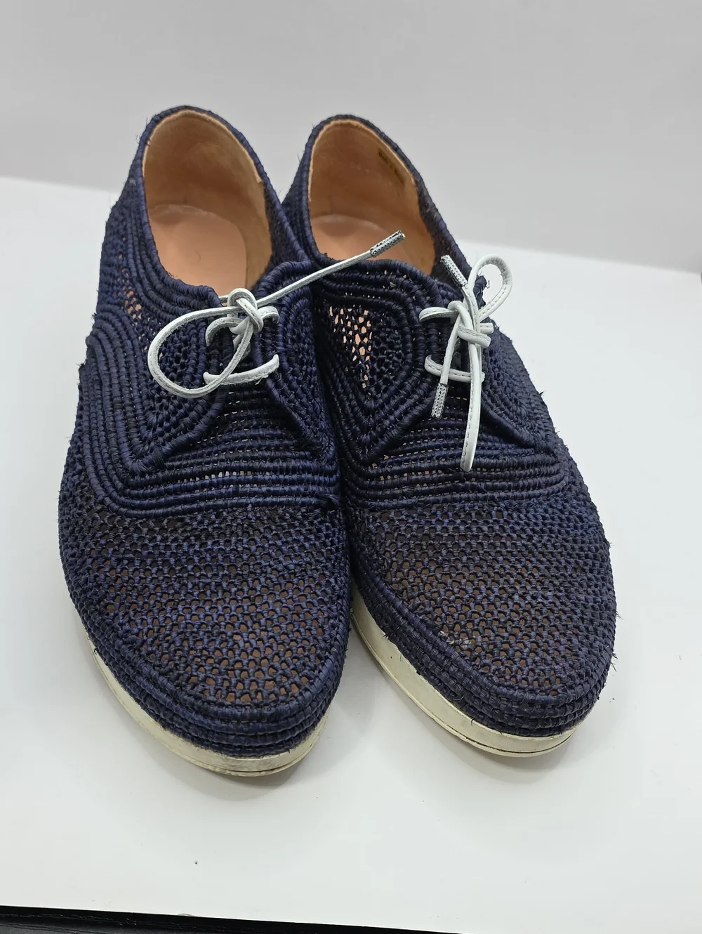 Robert CLERGERIE Women 38.5 Lisa Woven Raffia Wedge Platform Oxford Shoes